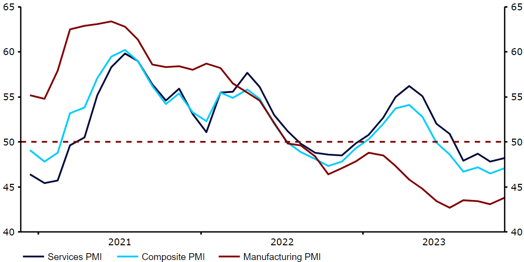 Wykres 2: Wskaźniki PMI w strefie euro (2021 – 2023)