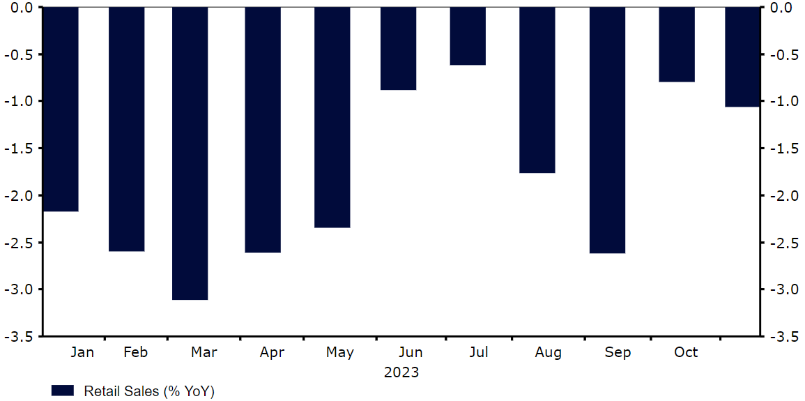 Wykres 1: Sprzedaż detaliczna w strefie euro (2022 – 2023)