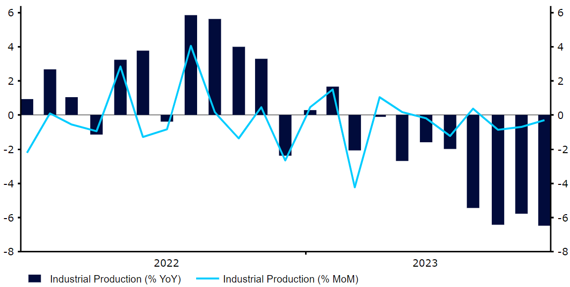 Wykres 1: Produkcja przemysłowa w strefie euro (2022 – 2023)